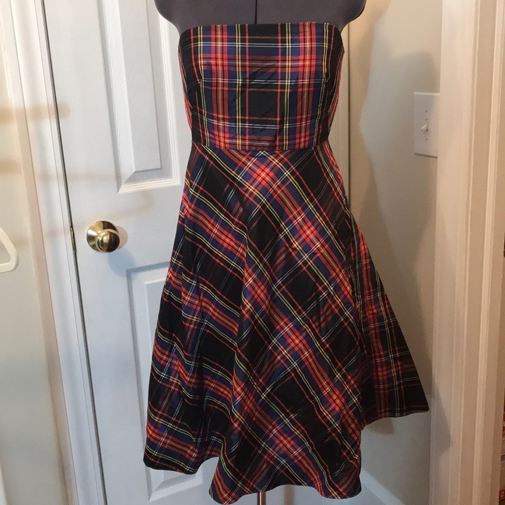 Plaid silk strapless J.Crew dress